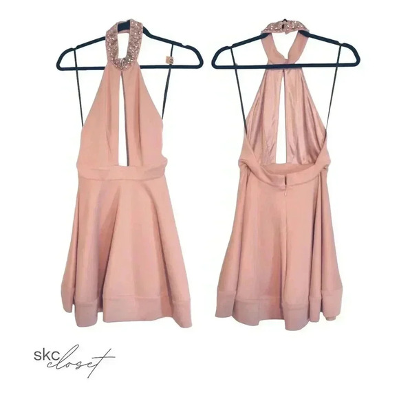 bebe Dresses & Skirts - BEBE Women's Pink Jeweled Neck Halter Dress, XS
